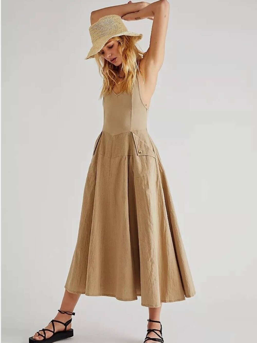 Free People Soledad Midi Dress | Small | Khaki | Cotton | A-Line Dress - Picture 3 of 15